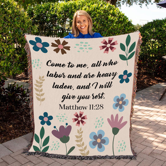 Matthew 11:28 Woven Blanket – Come to Me and I Will Give You Rest | 100% Cotton Throw